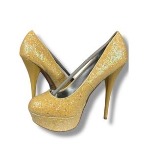 NIB Qupid Platform Pumps Glitter 5" Stiletto Heels Yellow Party Shoes Size 5.5